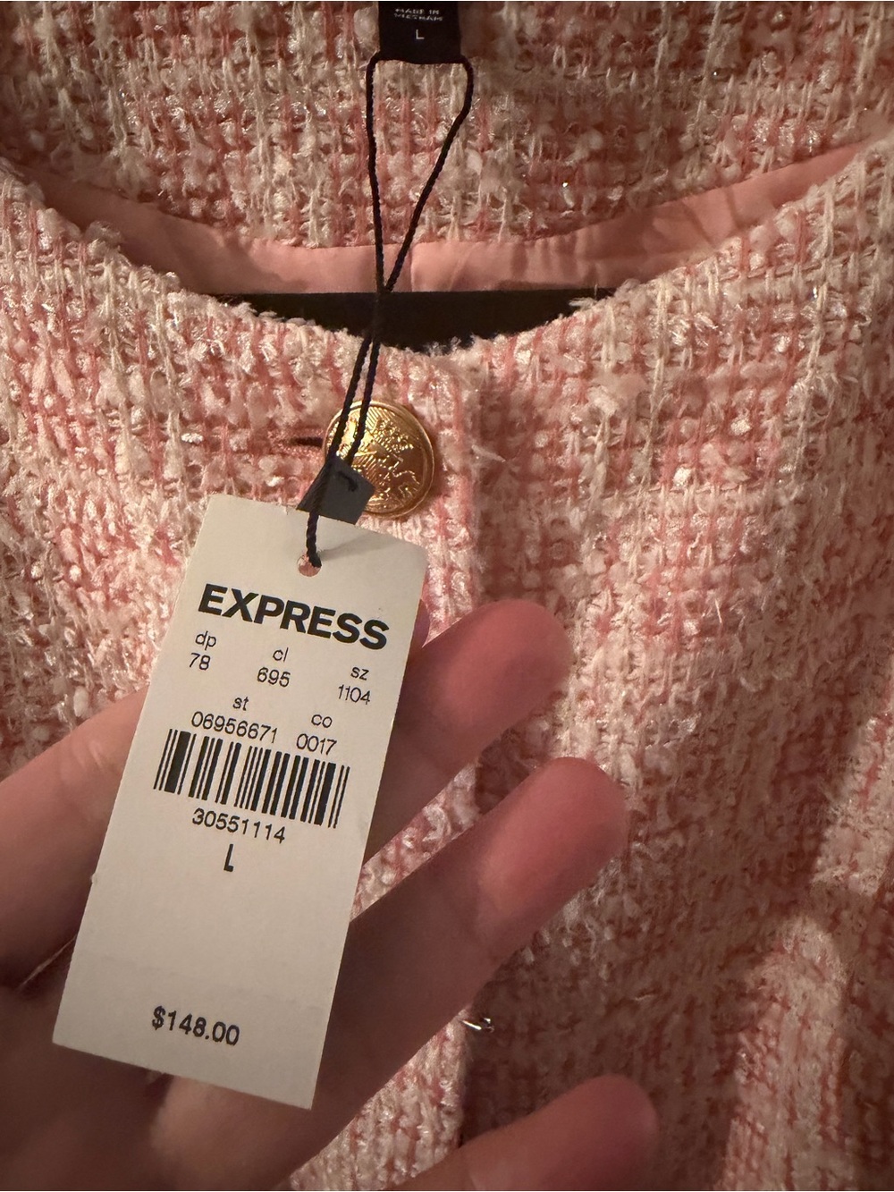 Express Pink Tweed Collarless Blazer with Gold Buttons - Picture 2 of 5